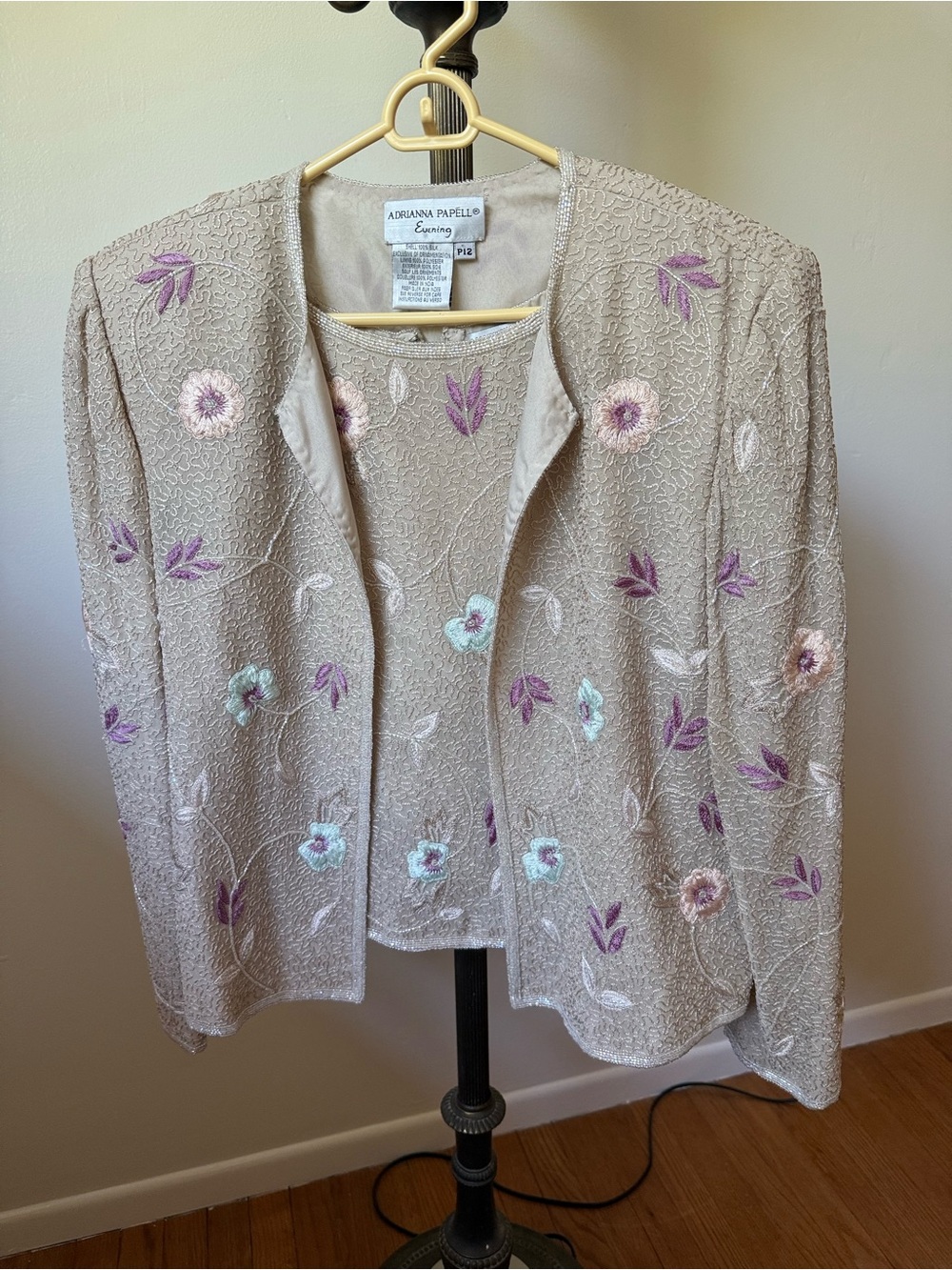 VinAdrianna Papell Beige Embroidered Sweater Jacket with Lavender & Mint Accents